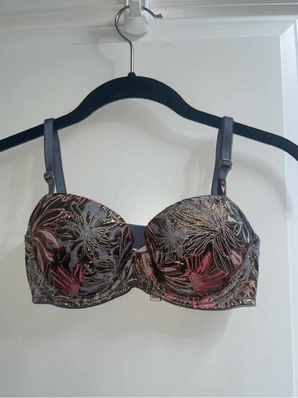 Victoria’s Secret Floral Metallic Print Bra Gray and Rose Gold lined Demi 30D